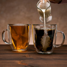 Load image into Gallery viewer, Double Wall Glass Coffee Mugs 16 oz - Large Clear Set of 2 - Patent Pending Geometric Modern Novelty Design - Insulated & Double Walled Glass Coffee Mugs. Ideal for Latte & Cappuccino