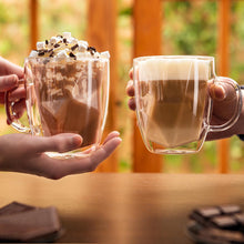 Load image into Gallery viewer, Double Wall Glass Coffee Mugs 16 oz - Large Clear Set of 2 - Patent Pending Geometric Modern Novelty Design - Insulated & Double Walled Glass Coffee Mugs. Ideal for Latte & Cappuccino