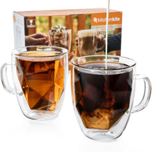 Load image into Gallery viewer, Double Wall Glass Coffee Mugs 16 oz - Large Clear Set of 2 - Patent Pending Geometric Modern Novelty Design - Insulated & Double Walled Glass Coffee Mugs. Ideal for Latte & Cappuccino