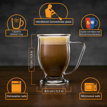 Load image into Gallery viewer, Double Wall Glass Coffee Mugs 11 oz - Clear Set of 4 - Dishwasher & Microwave Safe - Insulated & Double Walled Glass Coffee Mugs. Ideal as Tea Cups, for Latte, Cappuccino, Hot & Cold Beverages