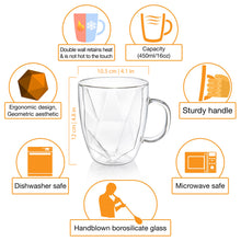 Load image into Gallery viewer, Double Wall Glass Coffee Mugs 16 oz - Large Clear Set of 2 - Patent Pending Geometric Modern Novelty Design - Insulated & Double Walled Glass Coffee Mugs. Ideal for Latte & Cappuccino