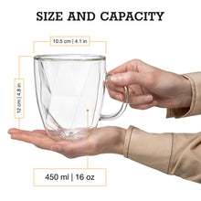 Load image into Gallery viewer, Double Wall Glass Coffee Mugs 16 oz - Large Clear Set of 2 - Patent Pending Geometric Modern Novelty Design - Insulated & Double Walled Glass Coffee Mugs. Ideal for Latte & Cappuccino