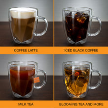 Load image into Gallery viewer, Double Wall Glass Coffee Mugs 16 oz - Large Clear Set of 2 - Patent Pending Geometric Modern Novelty Design - Insulated & Double Walled Glass Coffee Mugs. Ideal for Latte & Cappuccino
